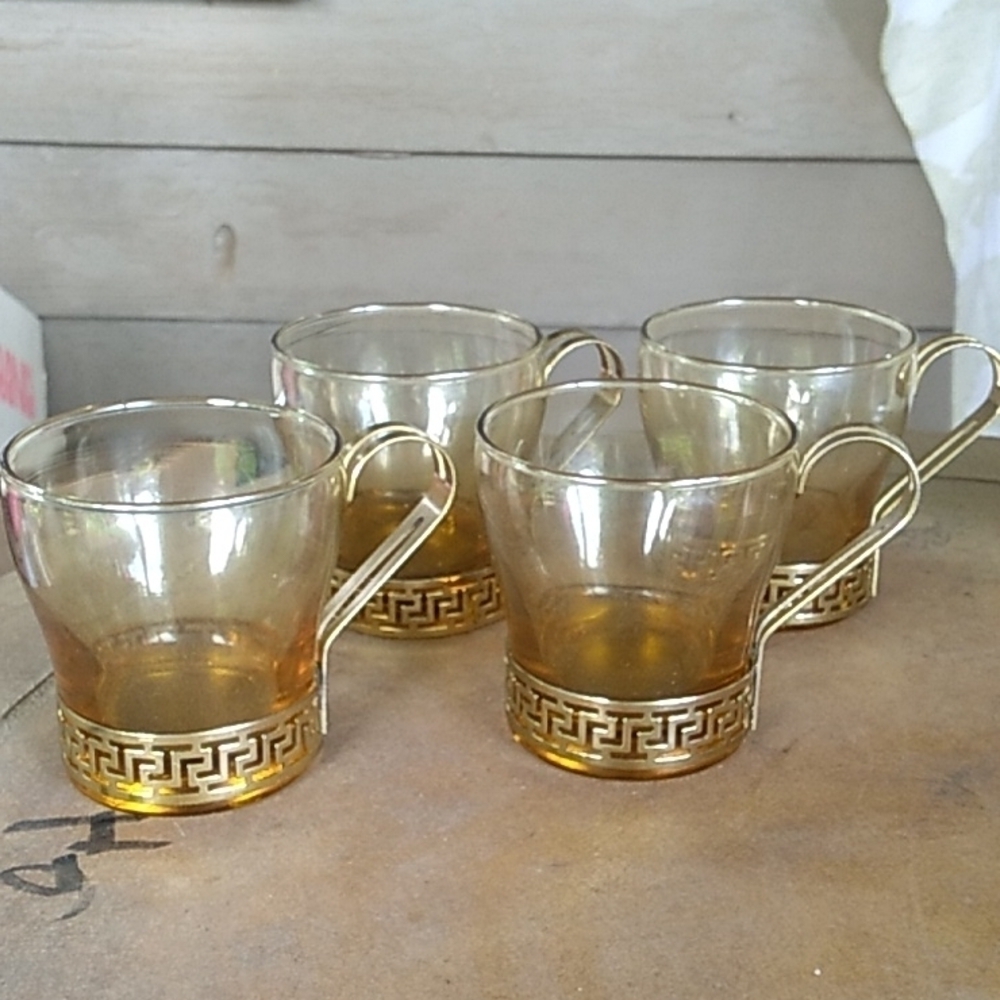 4 vtg Libbey amber gold Greek Key metal handle coffee ☕ cups